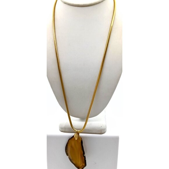 Vintage Agate Slice Pendant Necklace on Gold Tone Snake Chain, Unique Polished - Picture 2 of 4